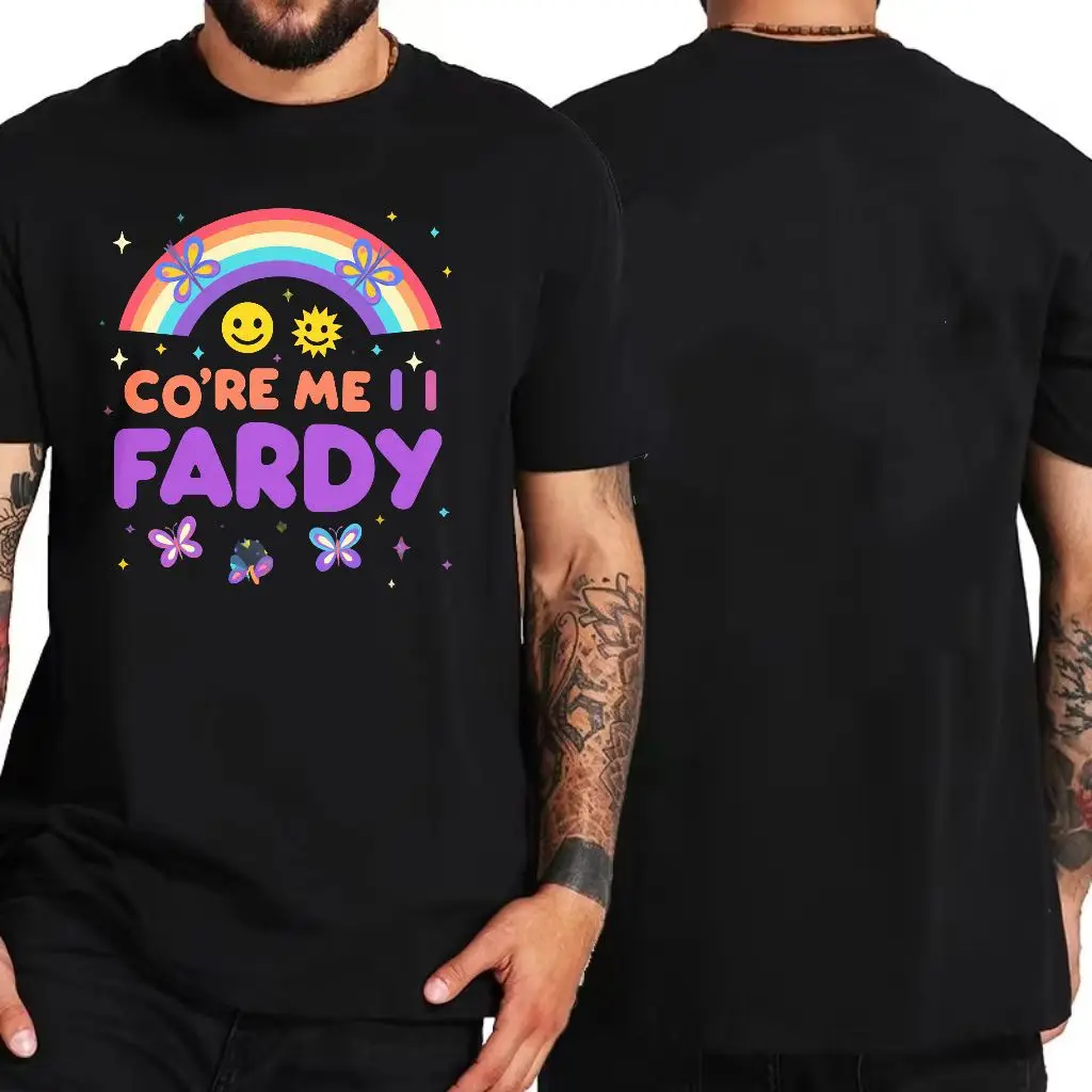 تي شيرت برسومات ملونة برقبة دائرية - وجه مبتسم أبيض بألوان قوس قزح ونص 'CO'RE ME I I FARDY' مع ديكور نجوم زهور الفراشة، P #2