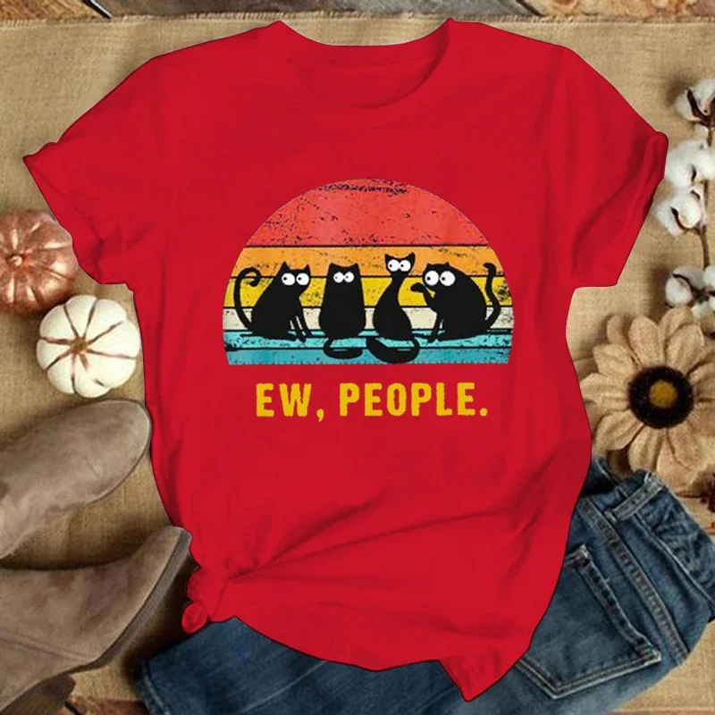 Süße Katze Print Kurzarm T-Shirts Damen T-Shirts Sommer Kurzarm Damen T-Shirts Bequeme weiche Shirts Lose Tops Grafik
