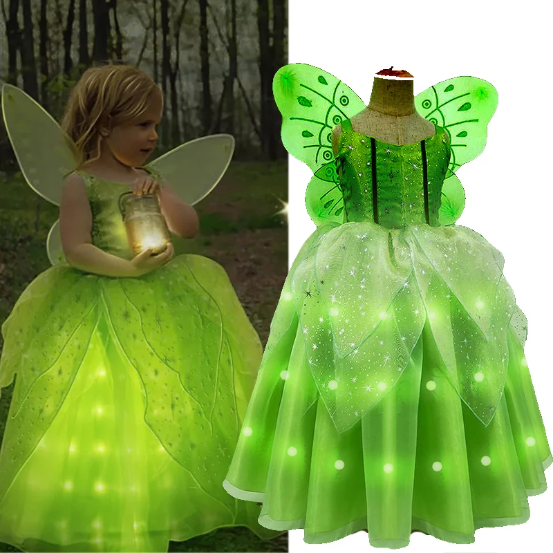 Tinkerbell Fairy Dresses LED Light Up for Dress Girls Costume Kids Cosplay Flower Fairy Princess Clothes Halloween Party Outfit