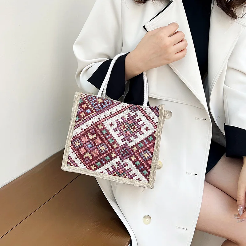 Women Linen Bag Ethnic Patterns Handbag Eco-Friendly Shopping Bags Female Commuter Bag Retro Casual Button Tote Bag Handle Pouch