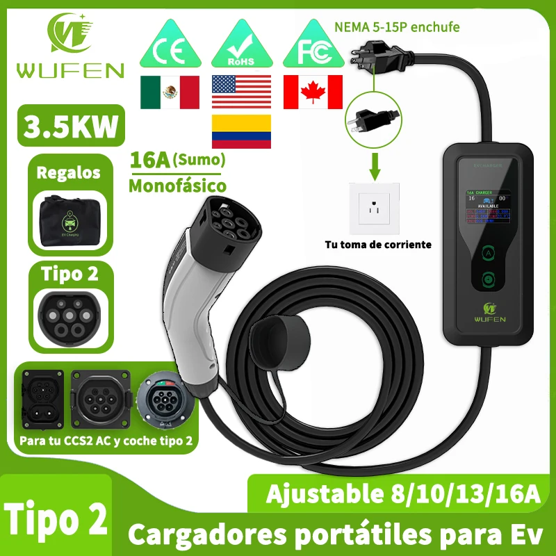 WUFEN Portable Type 2 Charger 110V US NEMA 5-15P Plug Max 3.5kw Type2 EV Charger 16A 1Phase Charging Plug For IEC 62196 Vehicle