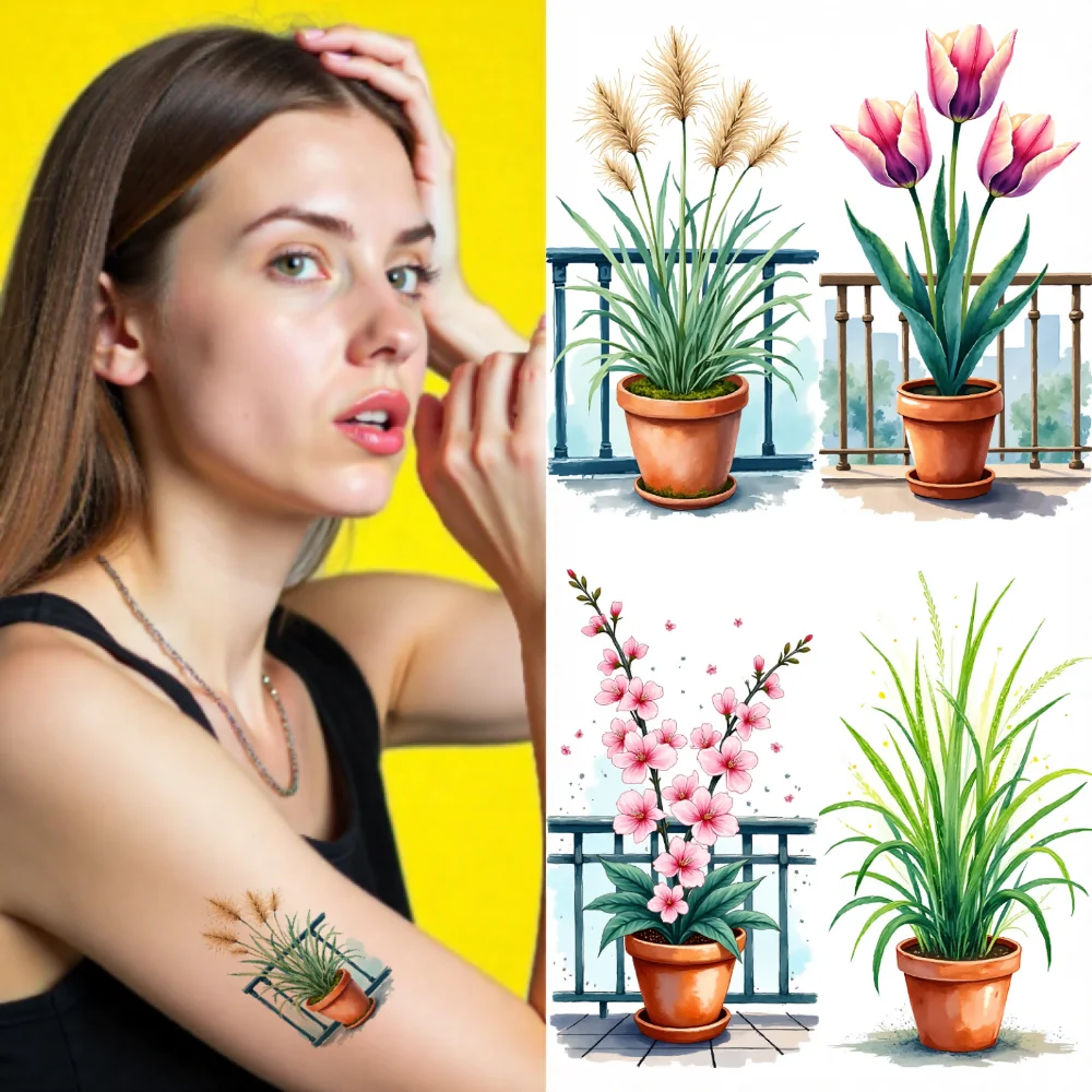 

9 шт., временные татуировки, цветы в горшках, акварельные декоративные растения, водонепроницаемые долговечные наклейки для тела для девочек, грудь