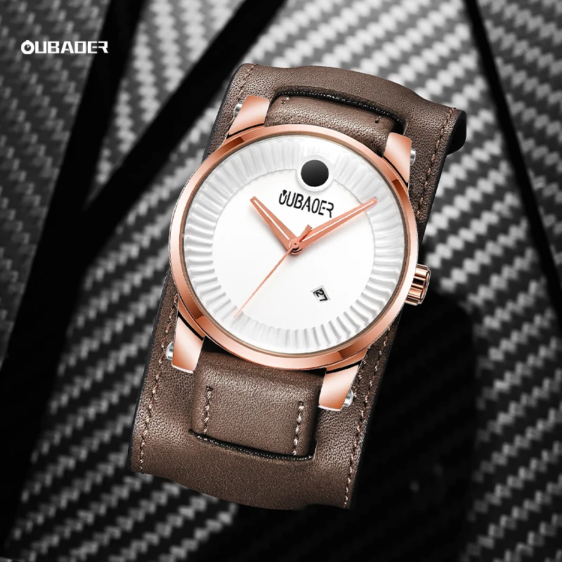 OUBAOER Men's Quartz Bold Alloy Case Watch Man Slim Frame Distinctive Genuine Leather Wrist Guard Strap Luxury Fashion Clock