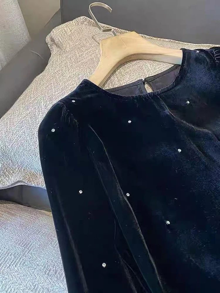 Camicetta patchwork in velluto nero donna Y2K coreano chic splicing crop top autunno manica lunga camicia femminile impreziosita da diamanti novità