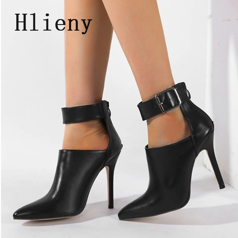 

Hlieny 2026 Spring High Heels Hollow Ankle Boots Fashion Buckle Strap Pointed Toe Modern Short Botas Shoes Zapatos De Mujer