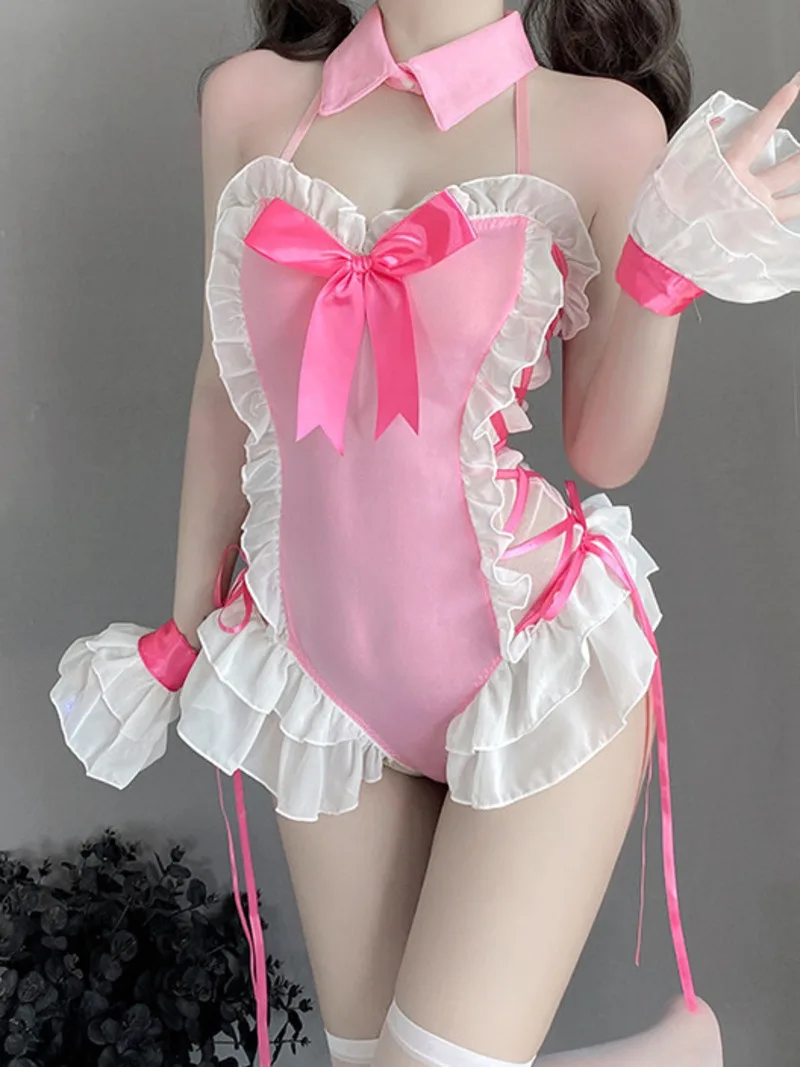 Sexy Underwear Maid Uniform Cute Passion Temptation Bodysuits Sweet Style Sheer Bowknot Romantic Passion Crotchless Slim 7QUX