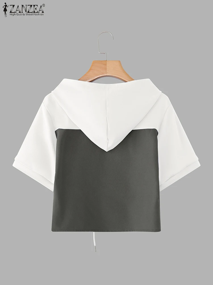 2025ZANZEA Zomer Vrouwen Capuchon Tops Korte Mouw Kleur Patchwork Blouse Elegante Hoodies Truien Mode Kantoor Werk Blusas