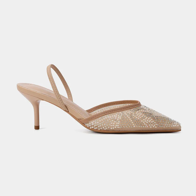 

High Heels Pumps Women Mules Summer Luxury Fashion String Bead Pointed Toe Slingback Heeled Sandal Elegant Wedding Ladies Shoes