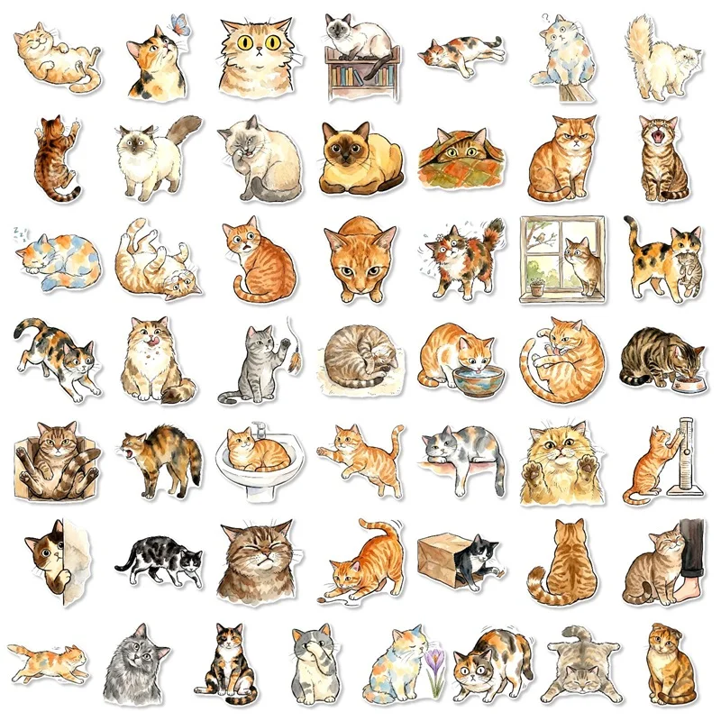 10/30/50PCS Watercolor Orange Cat PVC Sticky Sticker Aesthetic DIY Decoration Scrapbooking Phone Hand Accounting Supplies