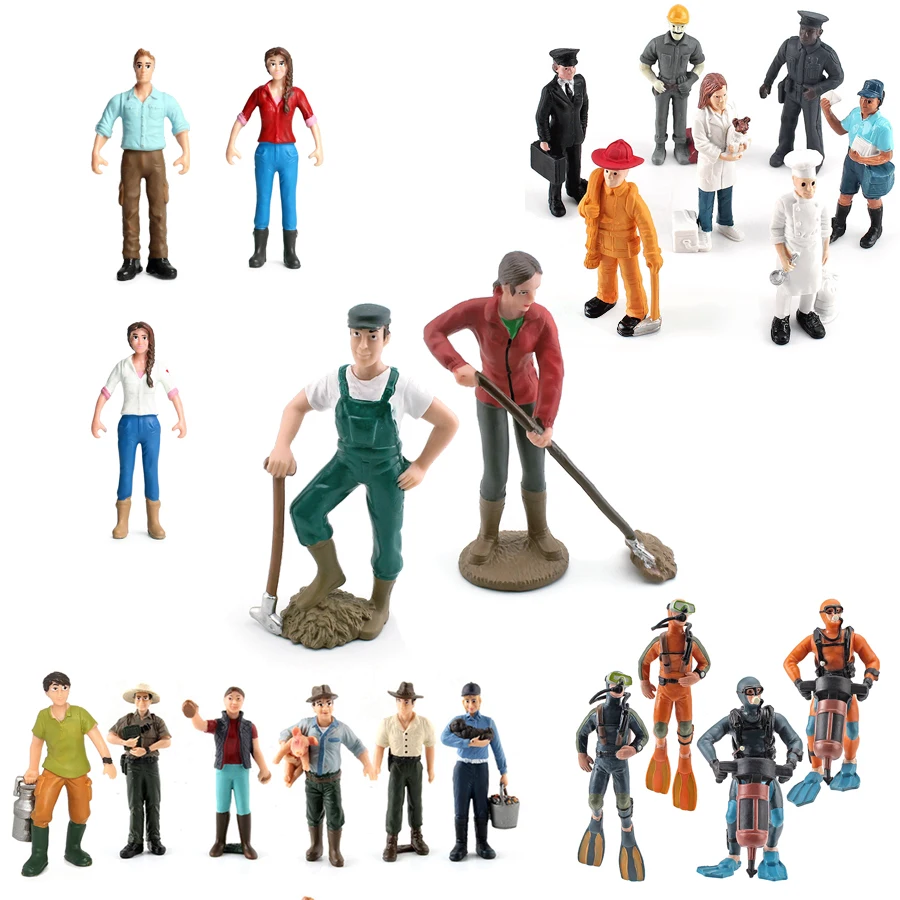 Colarinho azul feminino agricultor mergulhador chef advogado ordenhador carteiro estatueta profissional pessoas modelo figura de ação brinquedo crianças presentes decoração