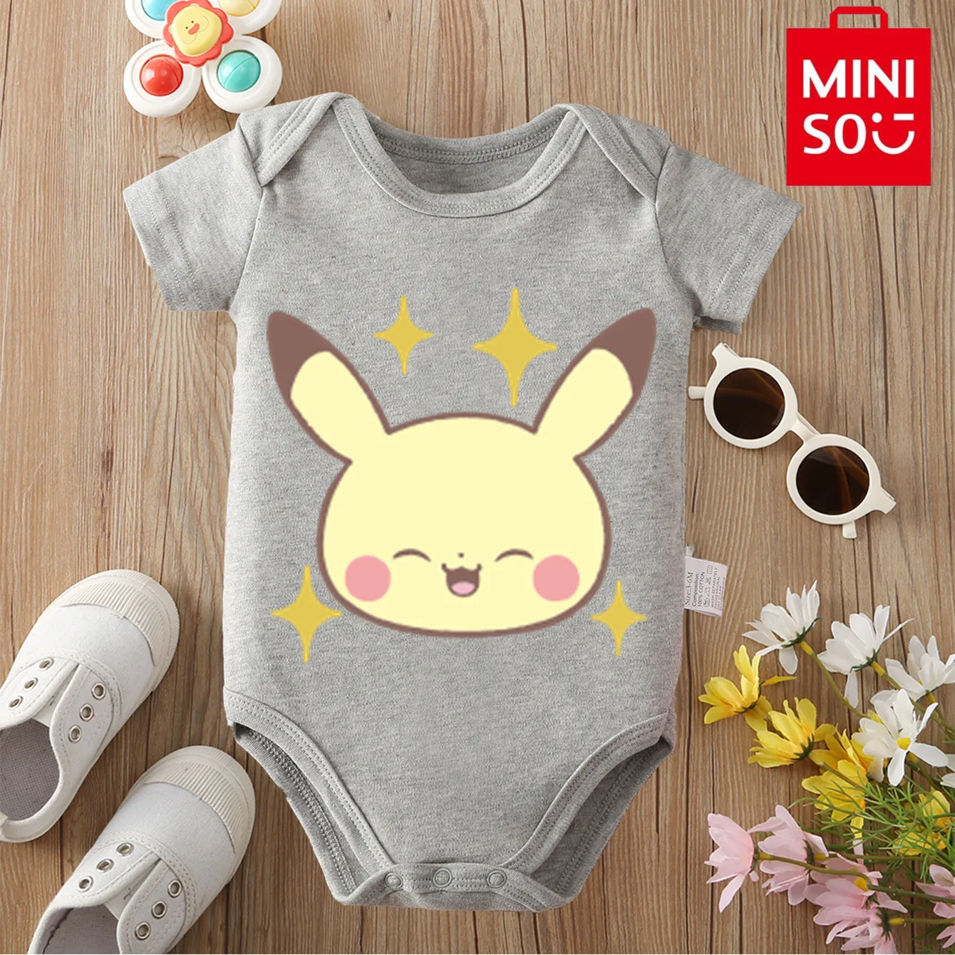 MINISO Pure Cotton Pichu Pikachur Print Comfortable and Soft Cloths Bodysuit for Baby Onesie Jumpsuit for 0 To 12 Months Newborn