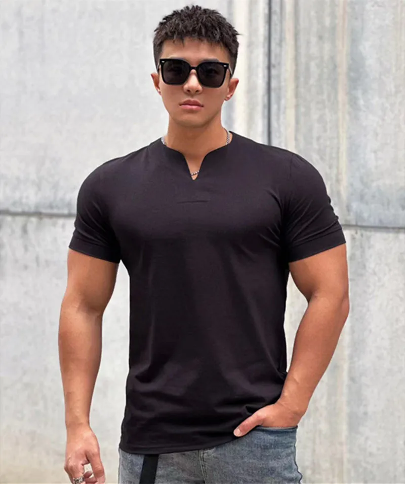 Herren Sommerdruck Sport T-Shirt Laufen V-Kragen Tops Slim Fit bequeme Baumwolle Kurzarm T-Shirt Herren lässige Sportbekleidung
