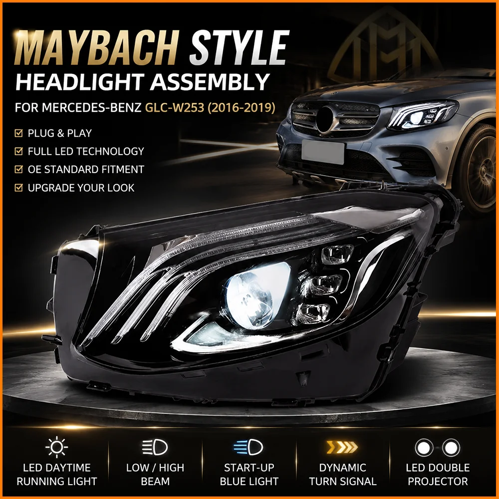 For Mercedes Benz GLC Class X253 W253 2016-2019 Facelift Upgrade Maybach Style Triple LED Bar Matrix LED Headlight Assembly