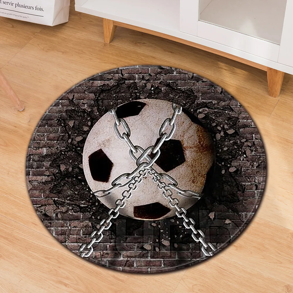 Round Sports Ball Print Rug – Football, Baseball & Basketball Design for Playroom, Game Room or Kids' Space
