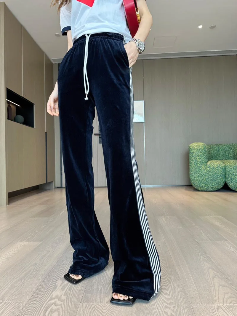 2024 Autumn New Women's Pants Sports Style Side Pants Striped Drawstring Elastic Waist Velvet Bellbottom Pants