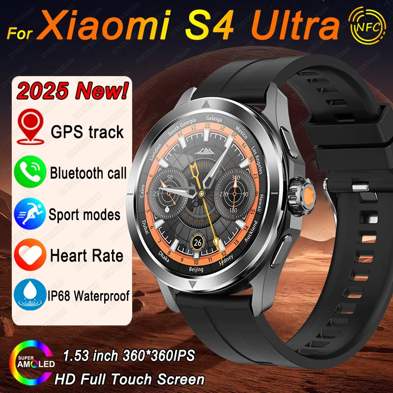 For Xiaomi S4 Ultra Outdoor Sports Smart Watch Men AMOLED Screen NFC GPS Compass Heart rate Bluetooth Call Waterproof SmartWatch