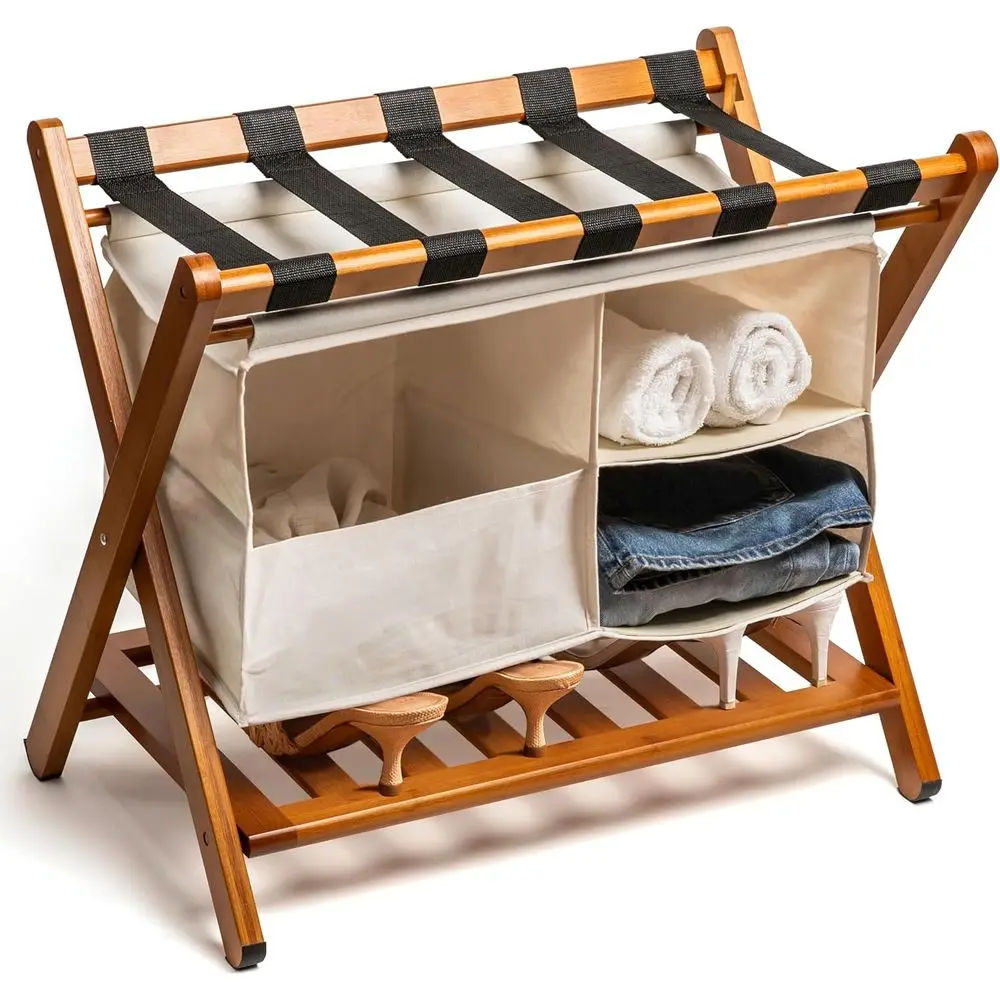 

Sturdy Bamboo Luggage Rack with Removable Laundry Bag and Storage Shelf, Holds 215 lbs, Ideal for Bedrooms, Hotels, and Airbnbs