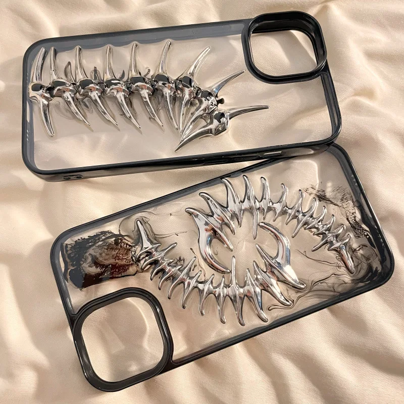 Custodia per telefono trasparente a lisca di pesce in metallo 3D retrò per iphone 16 15 14 plus13 12 mini 11 Pro Max XR XSmax custodia morbida in