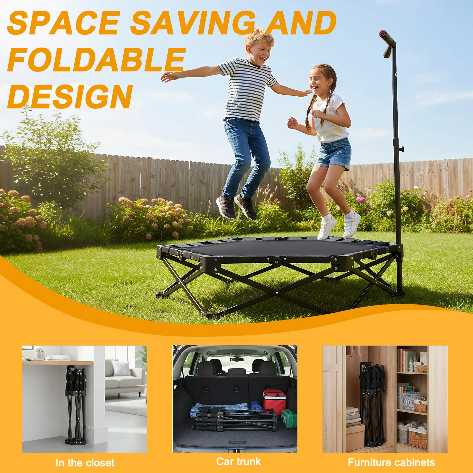 

42in Rebounder Trampoline 450lbs Max Load Foldable Mini Trampoline with Adjustable T-Bar Handle for Indoor Outdoor Home Gym