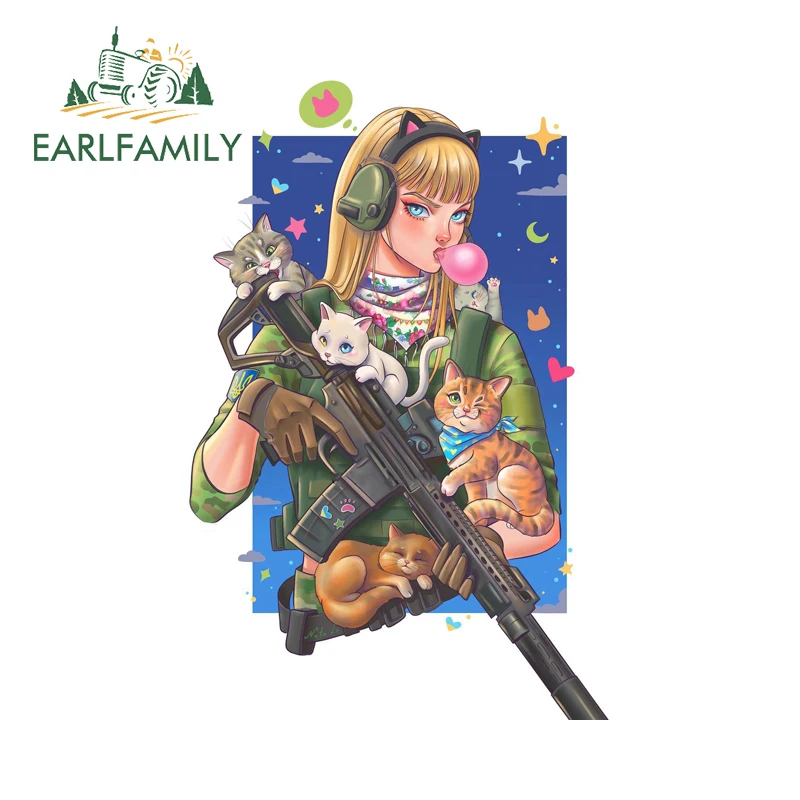 EARLFAMILY الفتاة مع مسدس ملصقات السيارات قوة نظرة خاطفة مكيف الهواء JDM شارات الفينيل مسلية قافلة مقاوم للماء سيارة التسمية