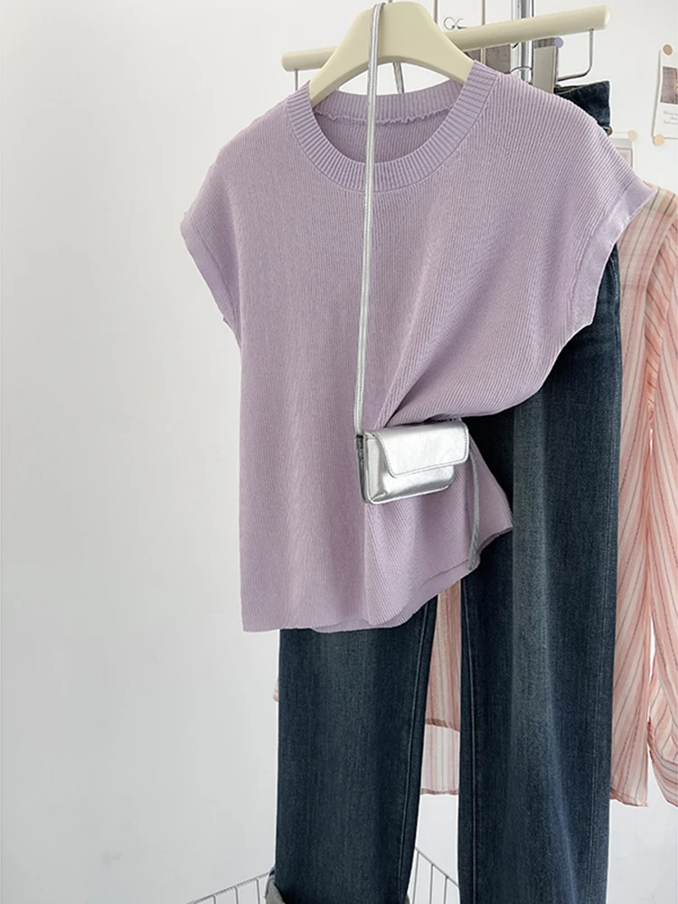 

Summer New Knitted Short-Sleeved T-shirt Fashion Solid Color T-shirt Casual Versatile Pullover Top