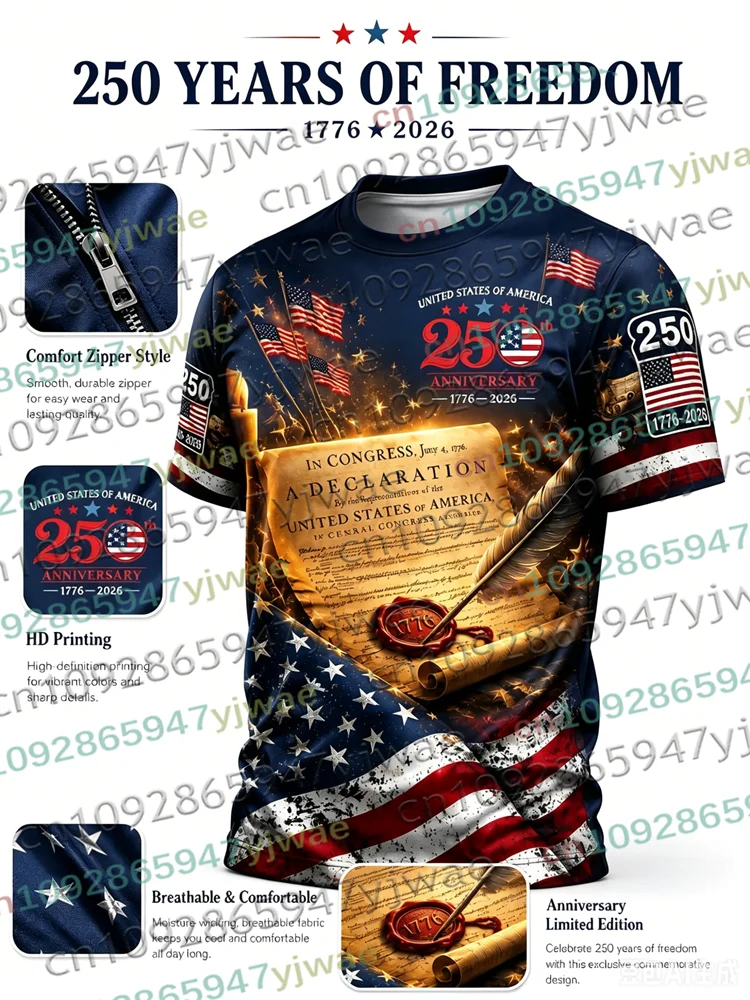 America 250th Anniversary 3D-Druck-T-Shirt für Herren, USA-Flagge 1776–2026, patriotische Kleidung zum amerikanischen Unabhängigkeitstag, Eltern-Kind-Oberteil – Detail 5