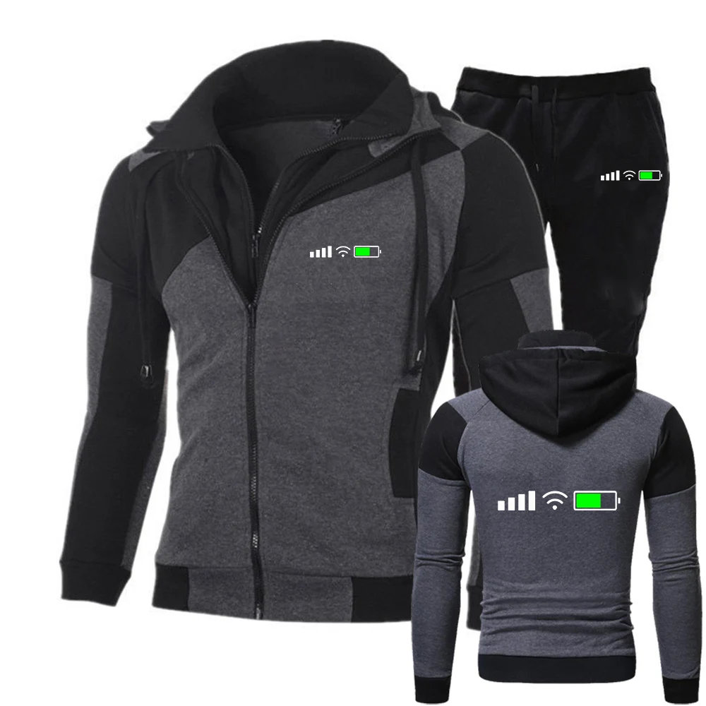 

Signal WiFi Battery Print 2025 Men's Spring And Autumn New Color Matching Casual Hoodies + Pants Diagonal Zipper Suit