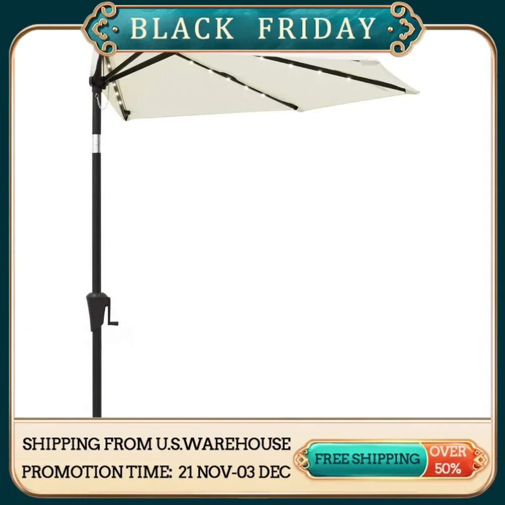 9 Ft Half Round Outdoor Patio Market Wall Umbrella with Solar LED Lights and Tilt