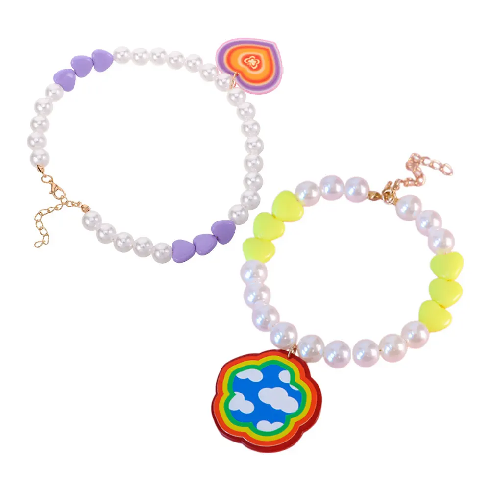 

2Pcs Pet Collar Necklace Heart Design Adjustable Beaded Jewelry for Cats Dogs Colorful Accessories Special Events