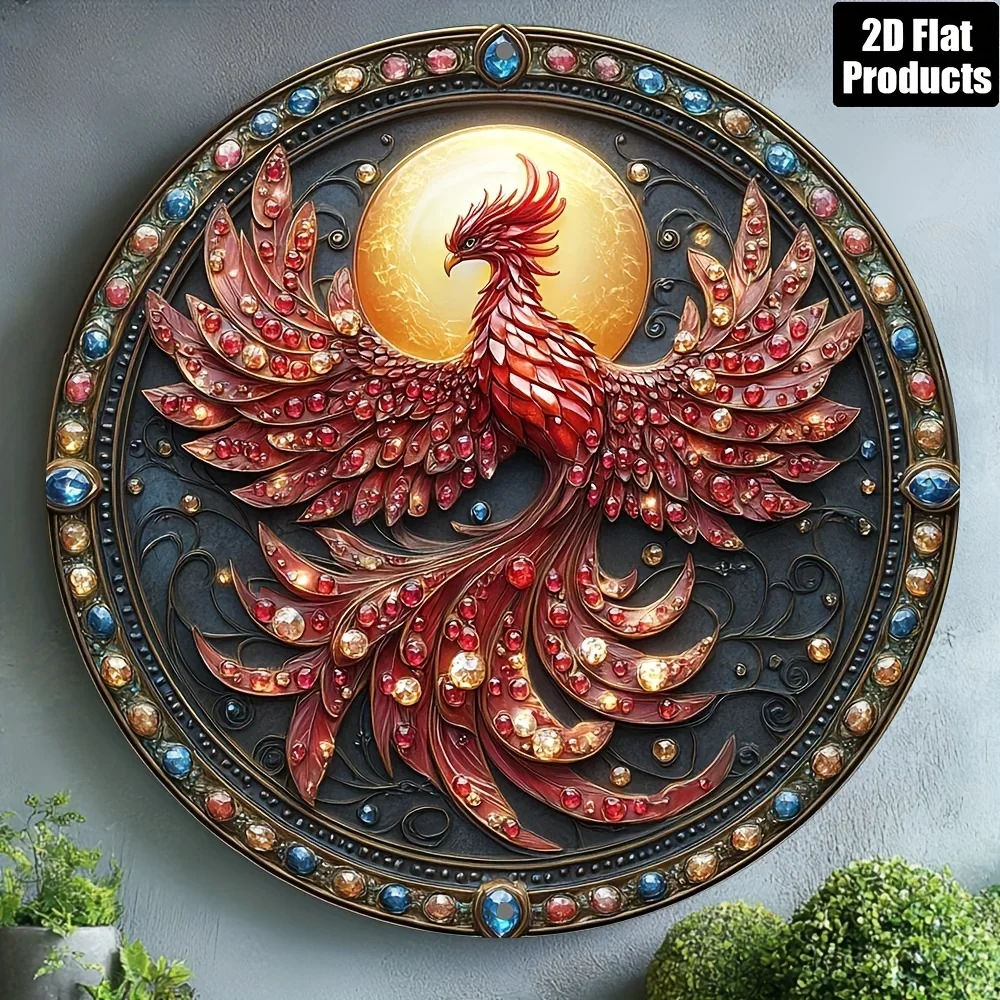 Vintage 2D Phoenix Round Aluminum Wall Art 8x8 Inch Waterproof Durable Decor For Home Bar Kitchen Cafe Office