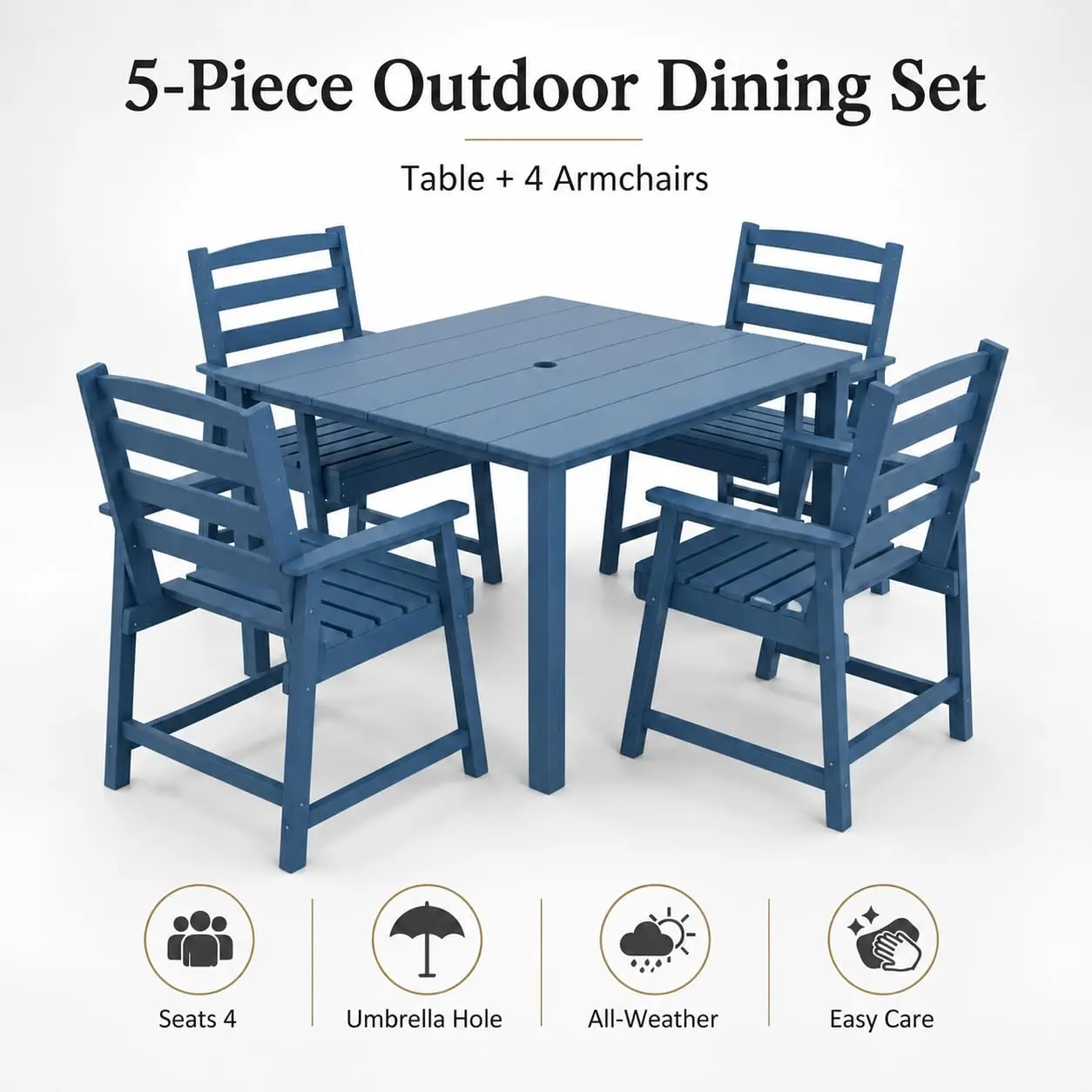 5-Piece HDPE Outdoor Dining Set Square Table & Chairs for 4 All Weather Umbrella Hole Patio Poolside Deck, Customized