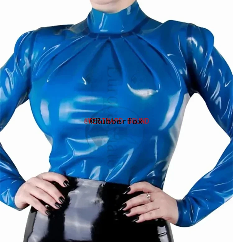 

Blue Sexy Customized Latex Blouse With Puff Long Sleeves Frills At Breast Rubber Shirt Clothes Top handmade Rubber