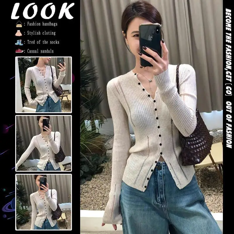 

Кардиган в минималистском дизайне, однобортный, утягивающий вязаный топ с длинными рукавами, женская осенняя новая модель, базовый слой для похудения