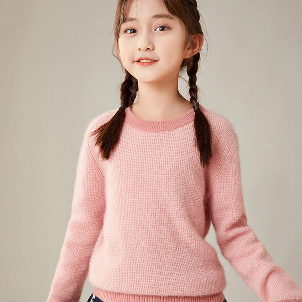 Children winter keep warm cashmere sweater 100% Wool Boys girls Round neck Solid color Cashmere sweater Knitted pullover sweater