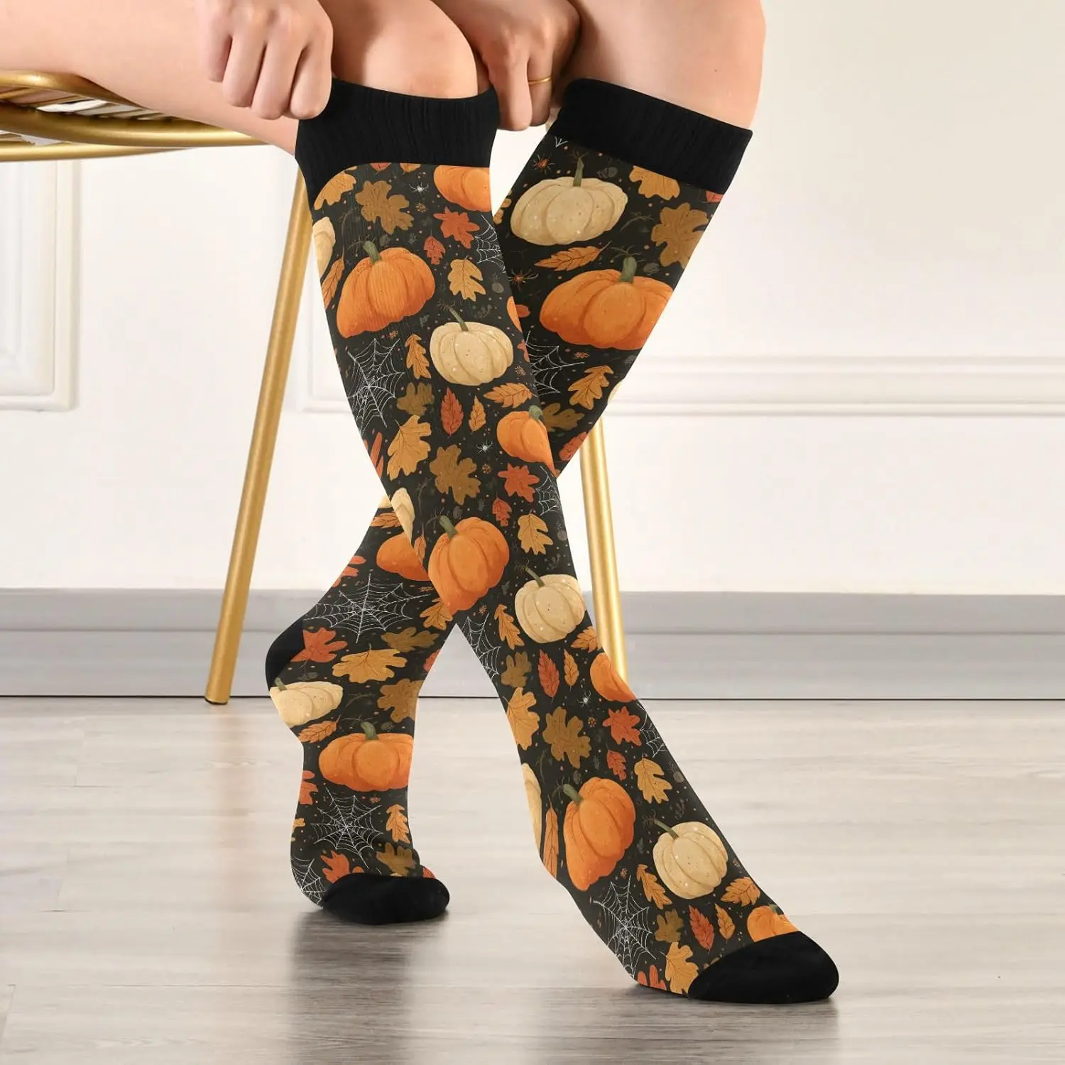 

Pumpkins Spider Webs Leaves Compression Socks for Women and Men Circulation Long Socks for Athletic Running One Size