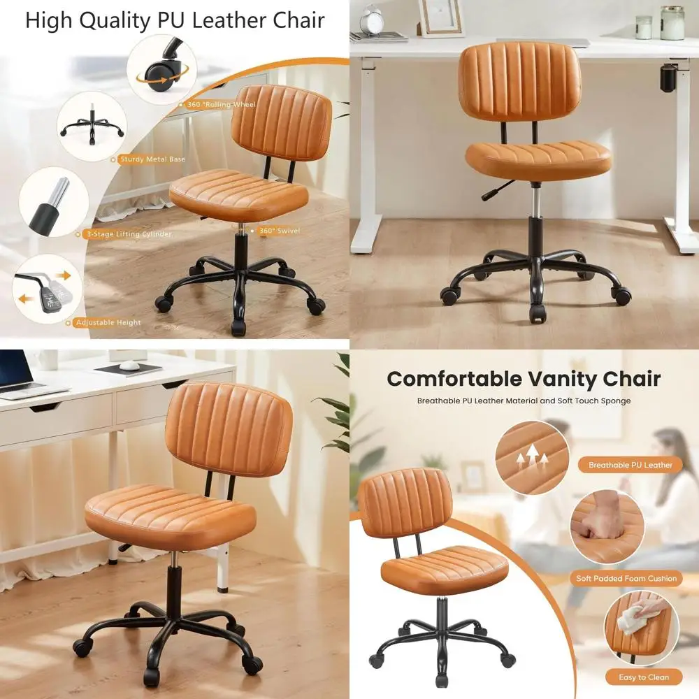 

Adjustable Height Swivel Desk Chair, Armless PU Leather Office Chair with Lumbar Support and Wheels for Home/Office, Brown