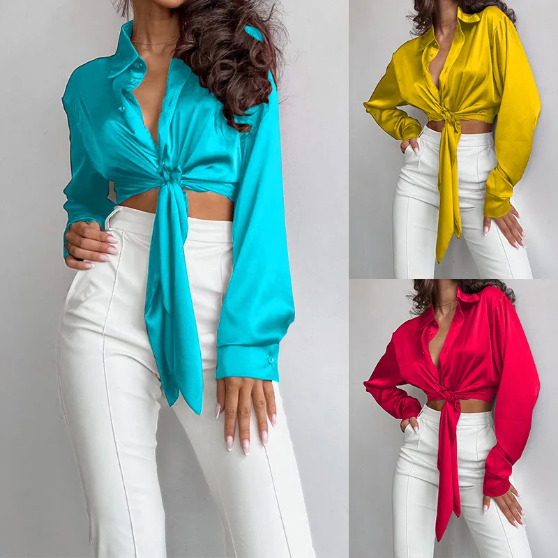 

2025 New Lapel Long Sve Crop Top irt ort Women's Top Polyester Fabric Flip Collar Regular Thin Summer Season