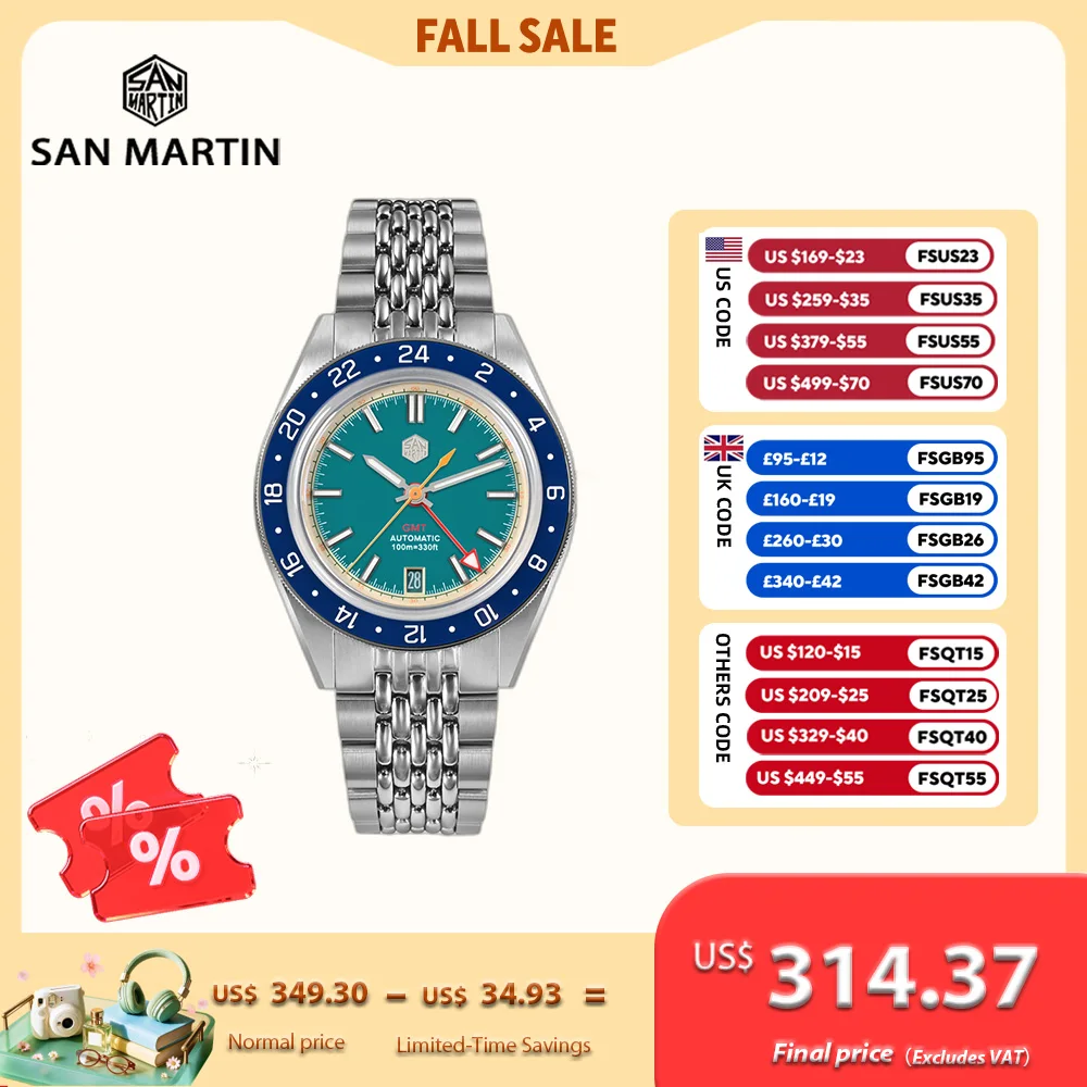 San Martin Original 39.5mm NH34 GMT Men Mechanical Wristwatch Fly Adjustable Clasp Sport Watch Waterproof 10Bar Reloj SN0116-0/4