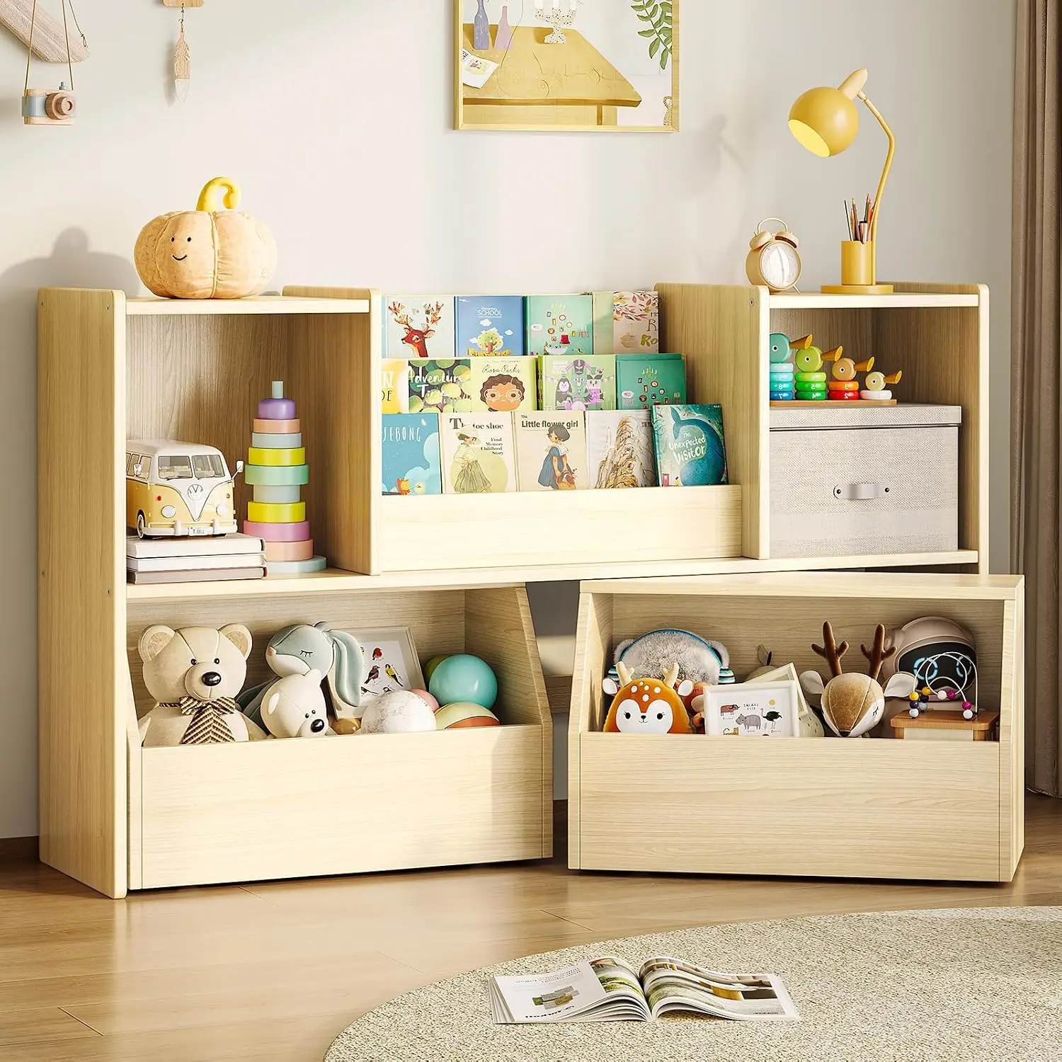 Solid Wood Kids Bookshelf Toy Storage Organizer 3 In 1 Montessori Bookcase Storage Cubbies 2 Rolling Toy Bins Toddler Bookshelf