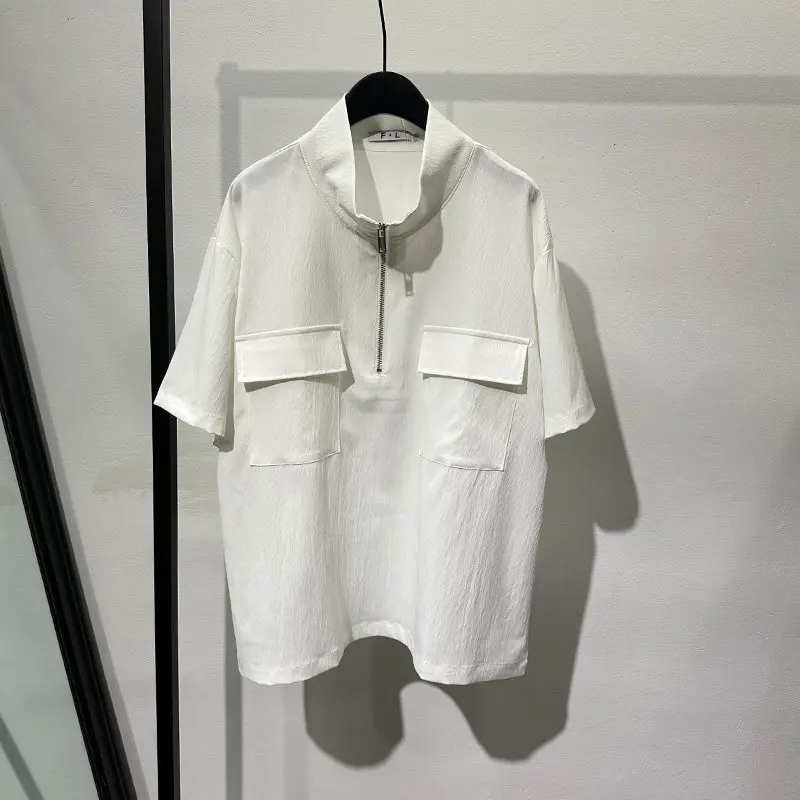 Summer Fashion Design Sense Zipped Stand Collar Loose Short Sleeve Shirt Popular Workwear Multi-Pocket Cotton and Linen Top
