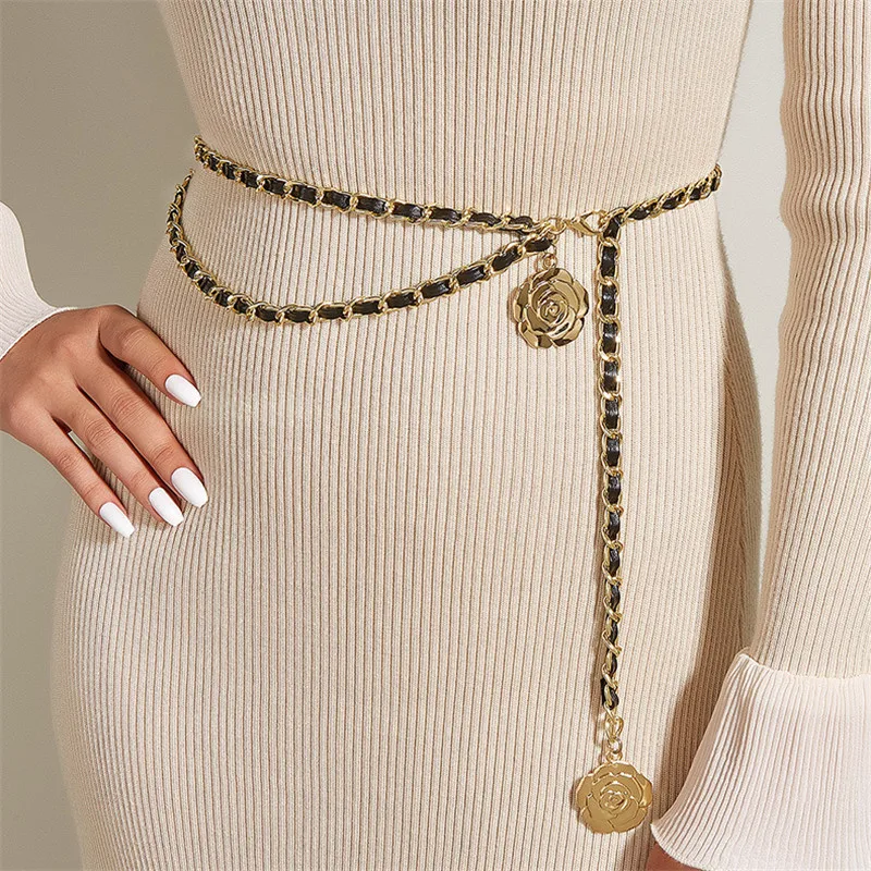 

Retro Chain Belts for Women Waistbands Multilayer Long Tassel for Dress Waist Chain Belts Metal Flower Belly Chain