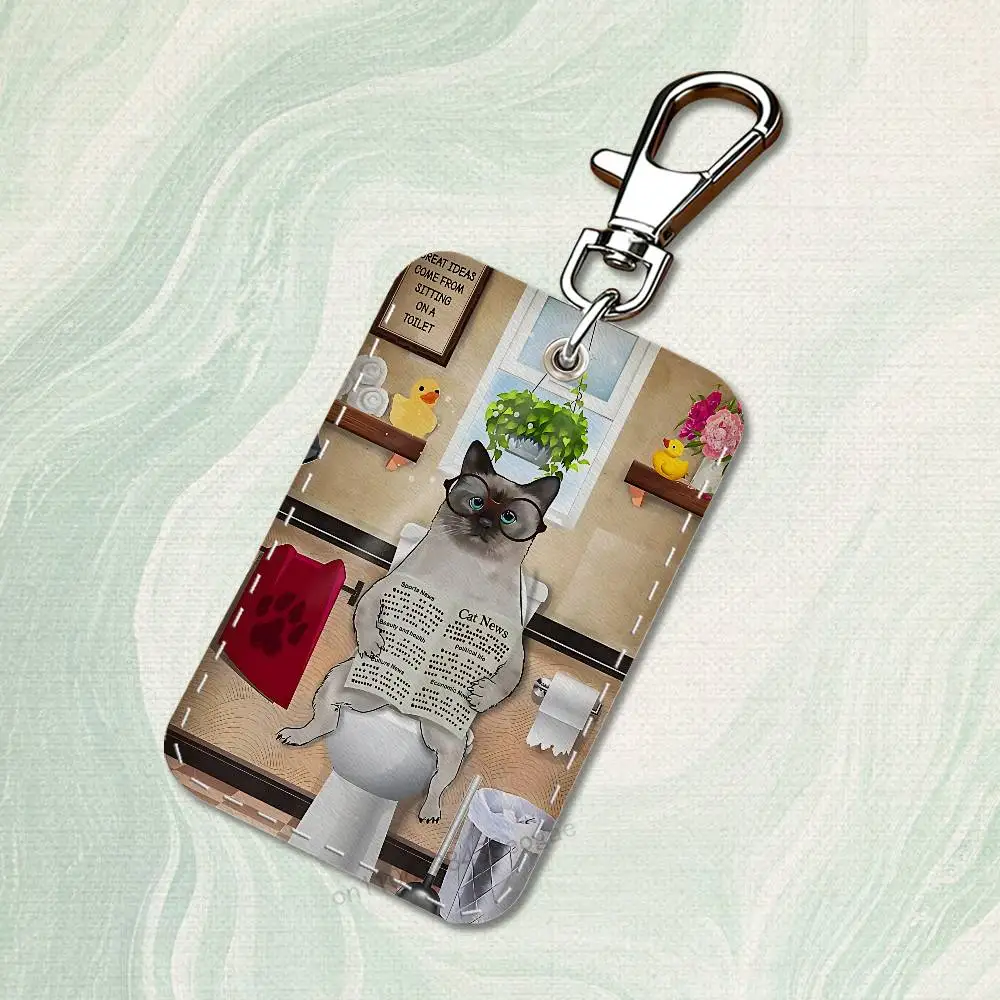 재미있는 예술 뚱뚱한 고양이 화장실 직사각형 카드 케이스 키체인 액세스 카드 가방 키 태그 링 가죽 카드 홀더 키 링 액세스