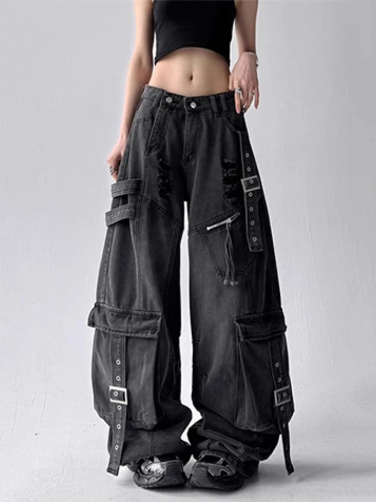 Mujer 2025 otoño nuevo diseño deconstructes tiras a la deriva agujeros rotos pantalones vaqueros negros Multi bolsillo calle pantalones de pierna ancha