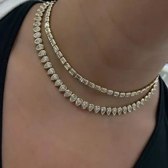 Luxury Tear Drop Shaped CZ Bezel Tennis Chain Necklace for Women