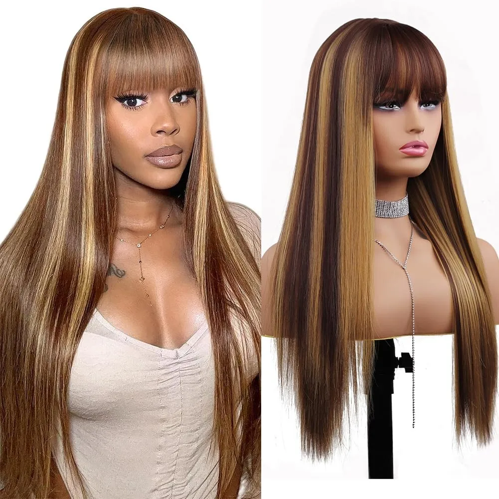 

Blonde Highlight Wig with Bangs for Women Long Blonde Mix Brown Straight Wigs...