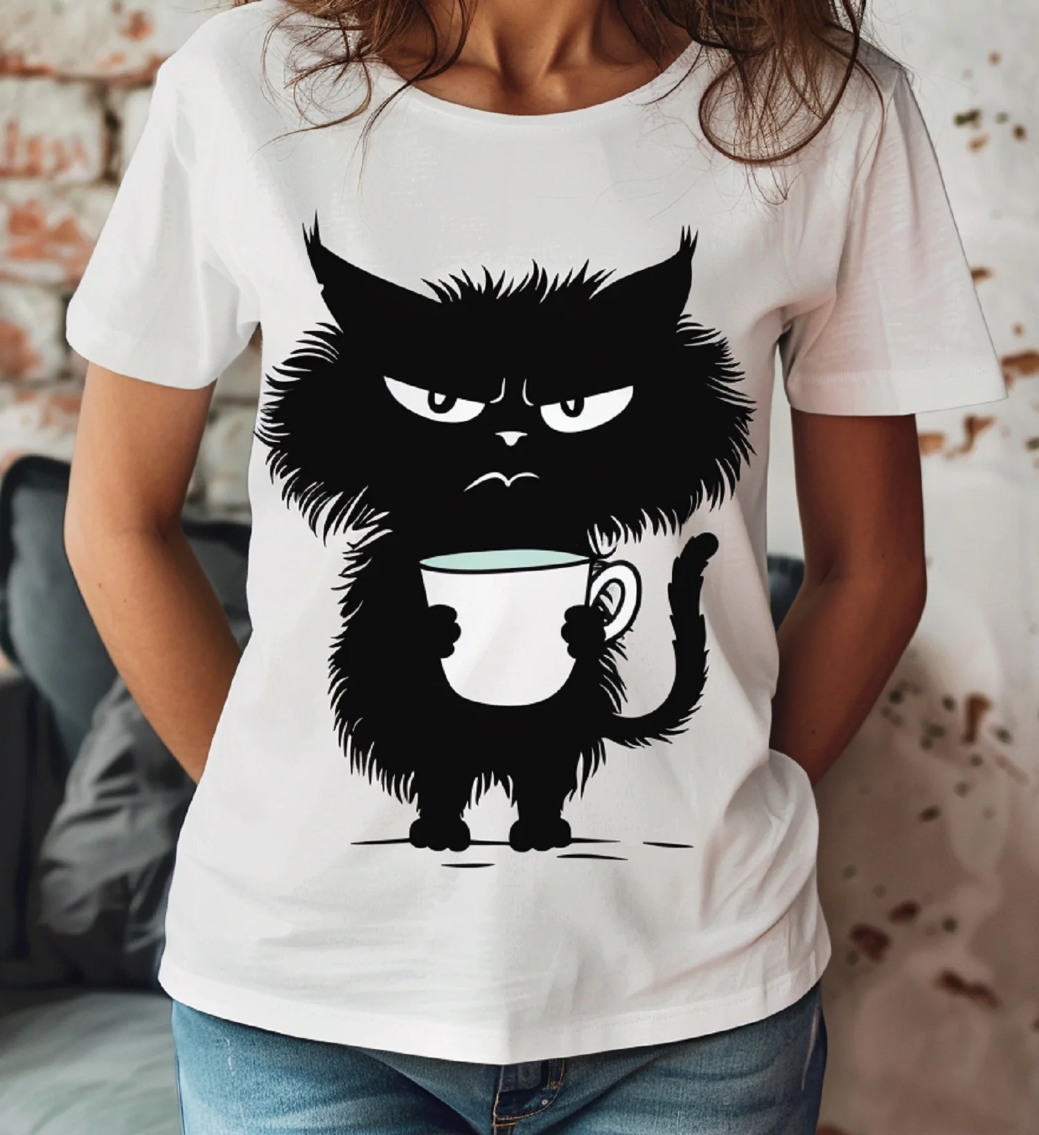 Funny Gift Angry Kitty Cafe Kitty in A Mood Graphic Personalized Custom Printed Women Clothes Harajuku Y2k Top Graphic TShirts