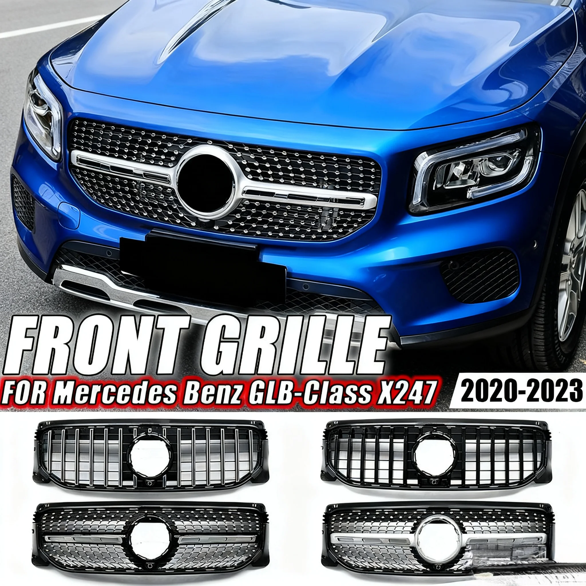 Front Glossy Black GTR Style Bumper Grille For Mercedes Benz GLB X247 GLB250 GLB200 2020-2023 Diamonds Style Upper Grilles