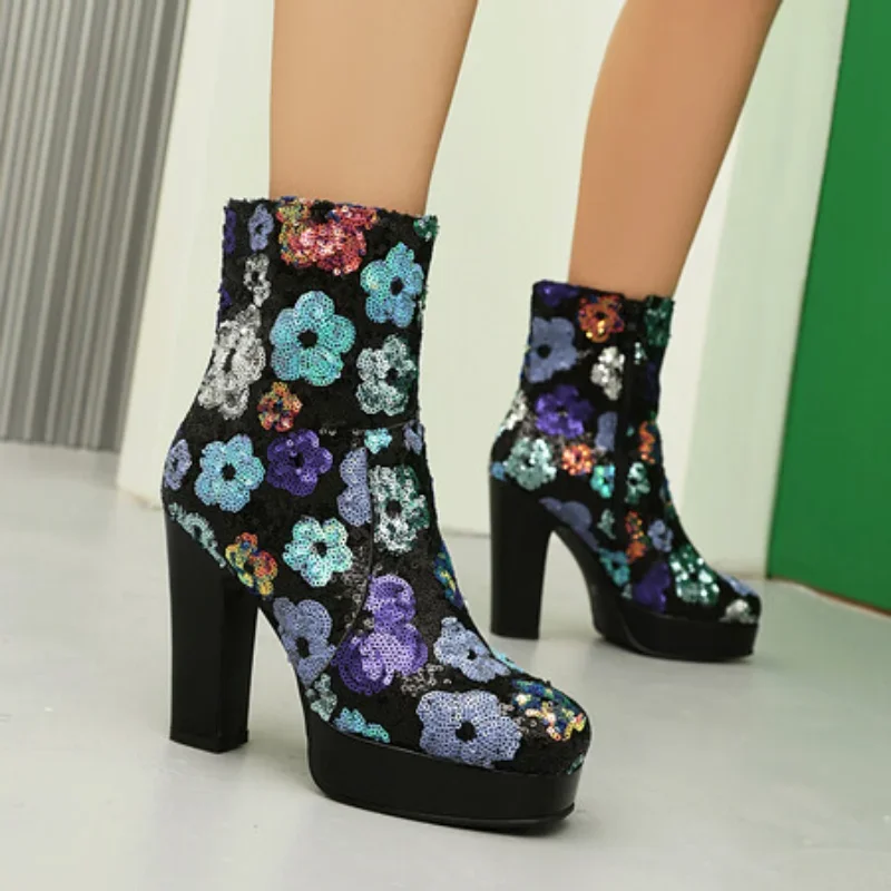 

Colorful Flower Printed Microfiber Upper Platform Ultra-High Thick Heel Breathable Short Boots Square Toe Side Zipper Boots
