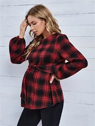 Women's European and American maternity wear autumn red plaid top