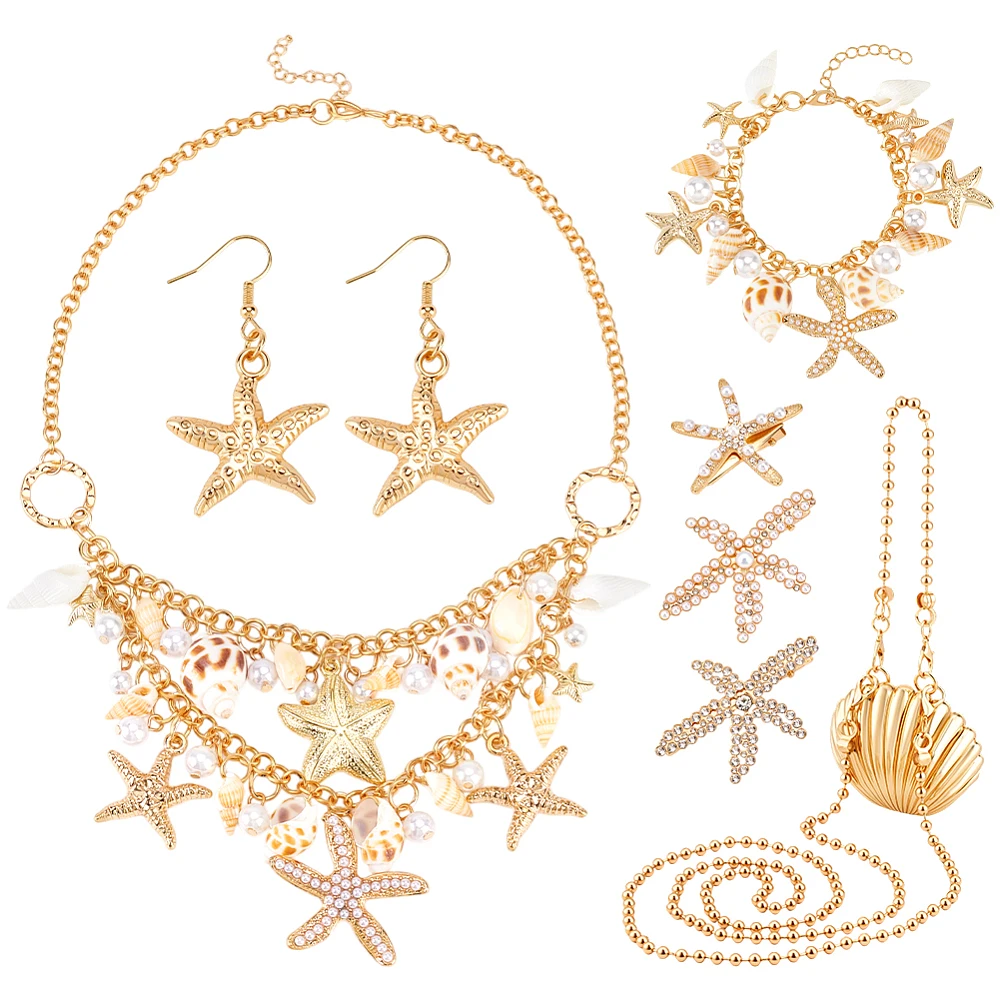 7pcs Starfish Jewelry Set Golden Jewelry Set Starfish Necklace Bracelet Hair Clips Earrings Seashell Crossbody Bag for Women